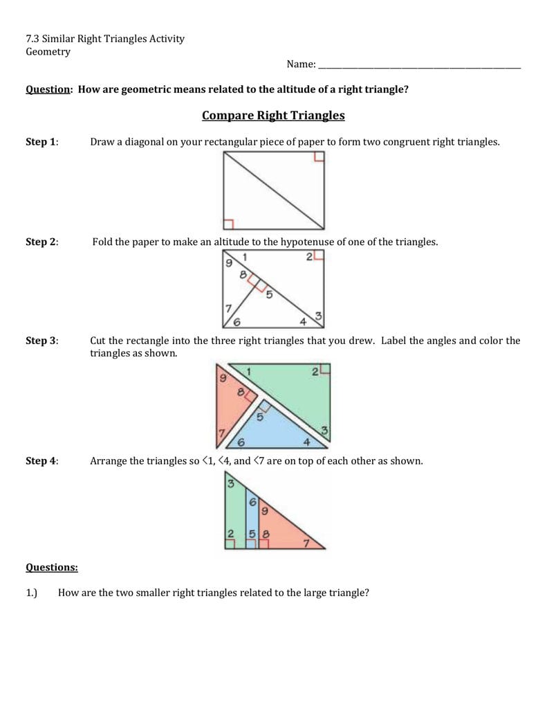 73 Similar Right Triangles Activity Geometry Name As Well As Similar Right Triangles Worksheet Answers