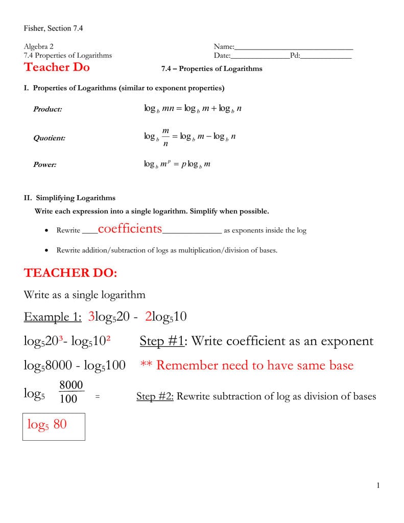 74 Notes Key Within Algebra 2 Worksheet 7 4 A Properties Of Logs Answers