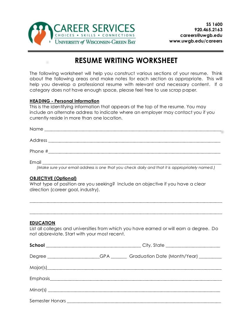 9 Resume Worksheet Examples In Pdf  Examples Or Resume Worksheets For Students