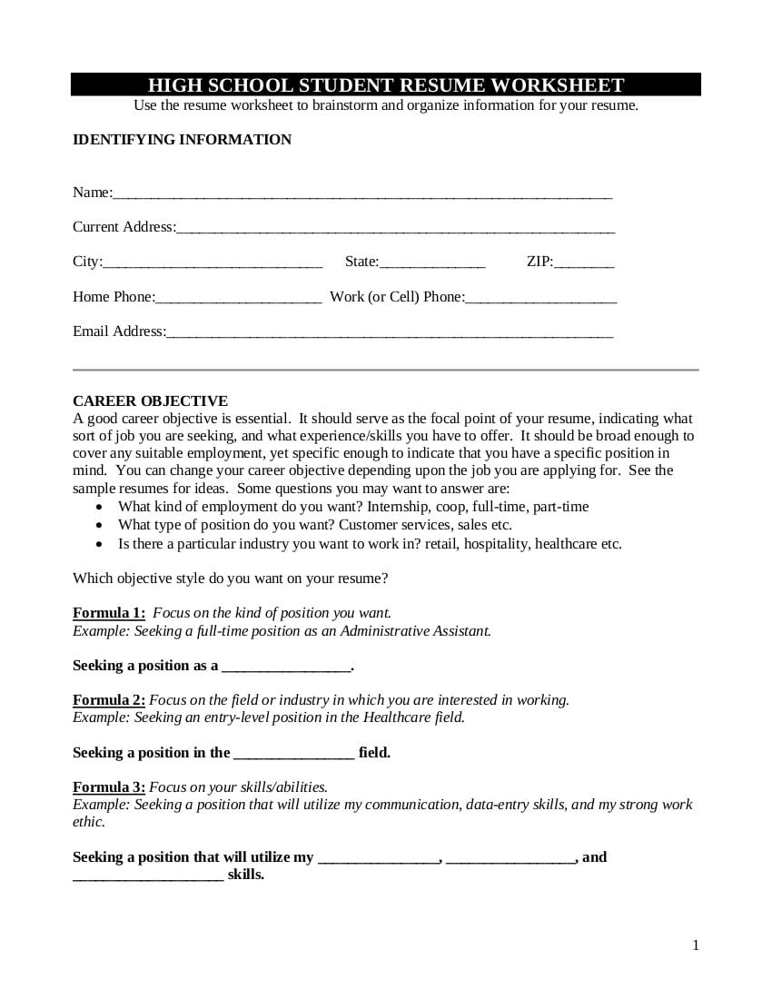 9 Resume Worksheet Examples In Pdf  Examples Within Resume Worksheets For Students