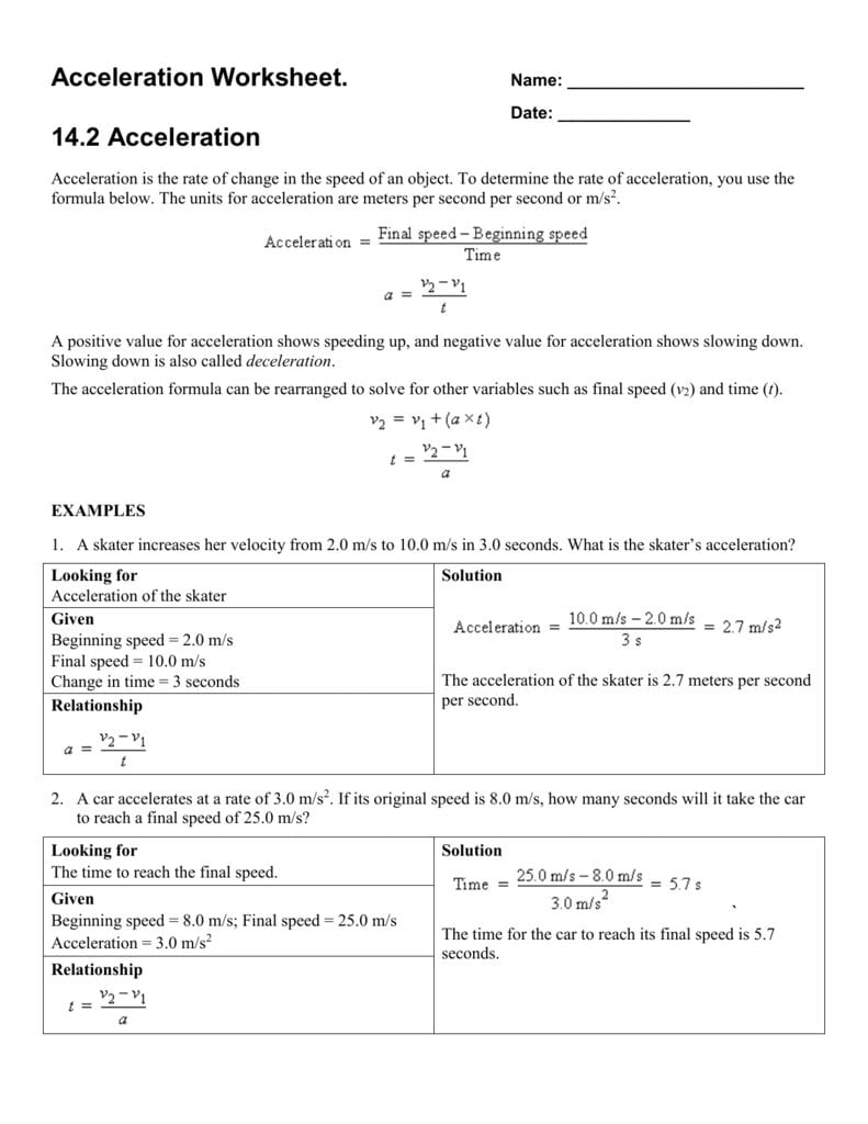 Acceleration Worksheet As Well As Acceleration Worksheet Answers