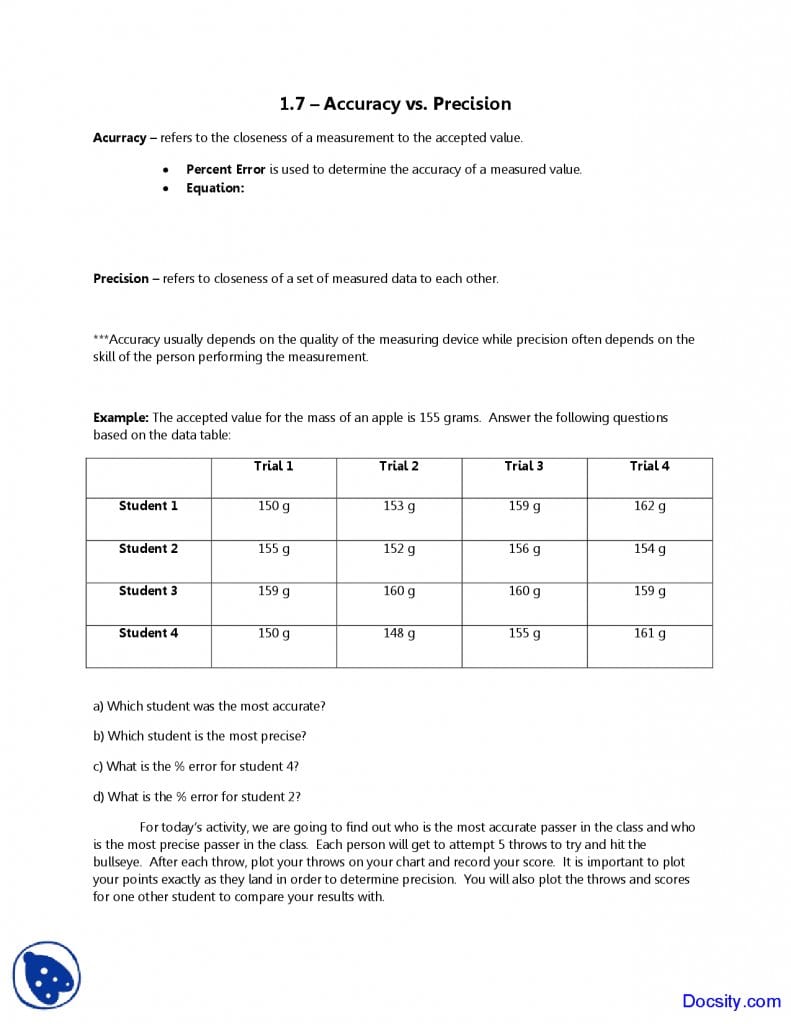 Accuracy And Precision Worksheet  Soccerphysicsonline And Accuracy And Precision Worksheet Answers