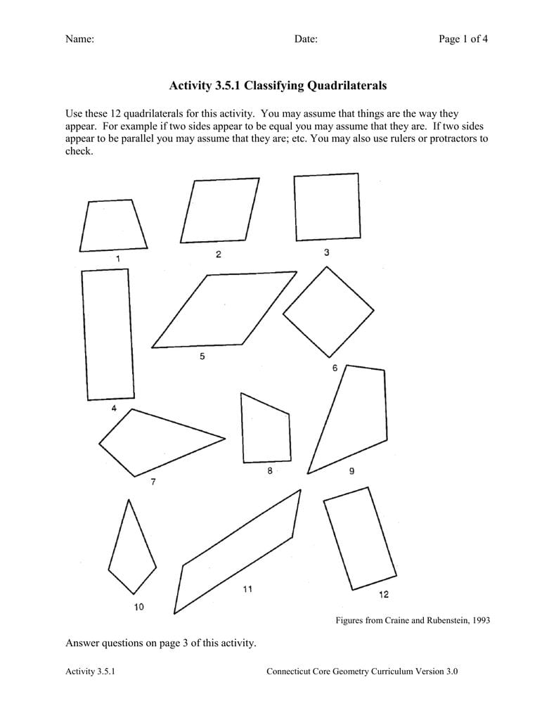 Activity 351 Classifying Quadrilaterals And Classifying Quadrilaterals Worksheet