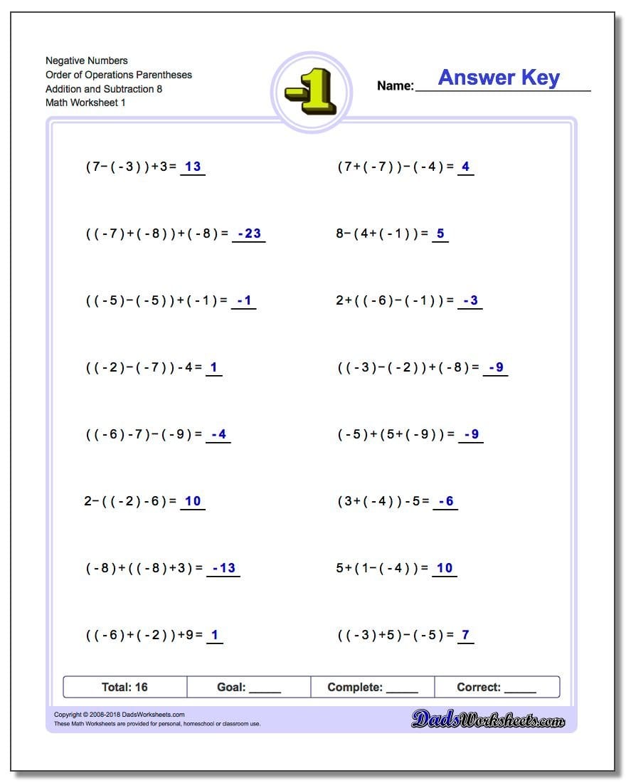 Adding And Subtracting Negative Numbers Worksheets Inside 7Th Grade Order Of Operations Worksheet Pdf