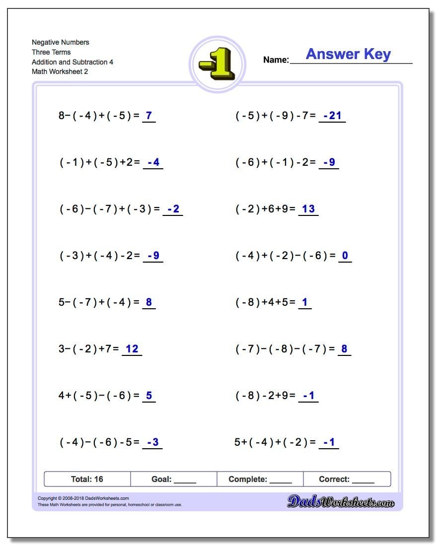 Adding And Subtracting Negative Numbers Worksheets Inside Integers Worksheet Grade 7