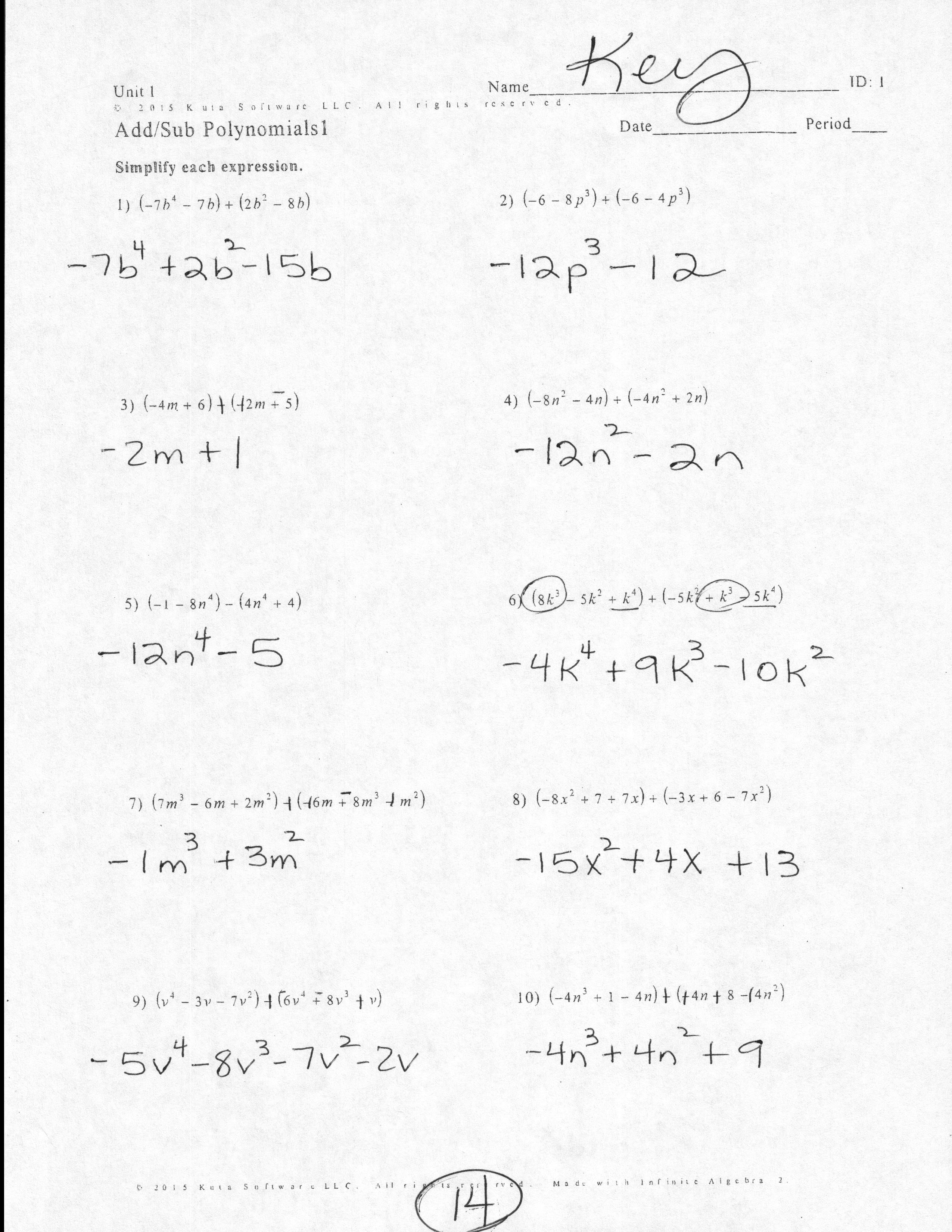 Adding And Subtracting Polynomials Worksheet Answers Algebra 1 The Regarding Adding And Subtracting Polynomials Worksheet Answers