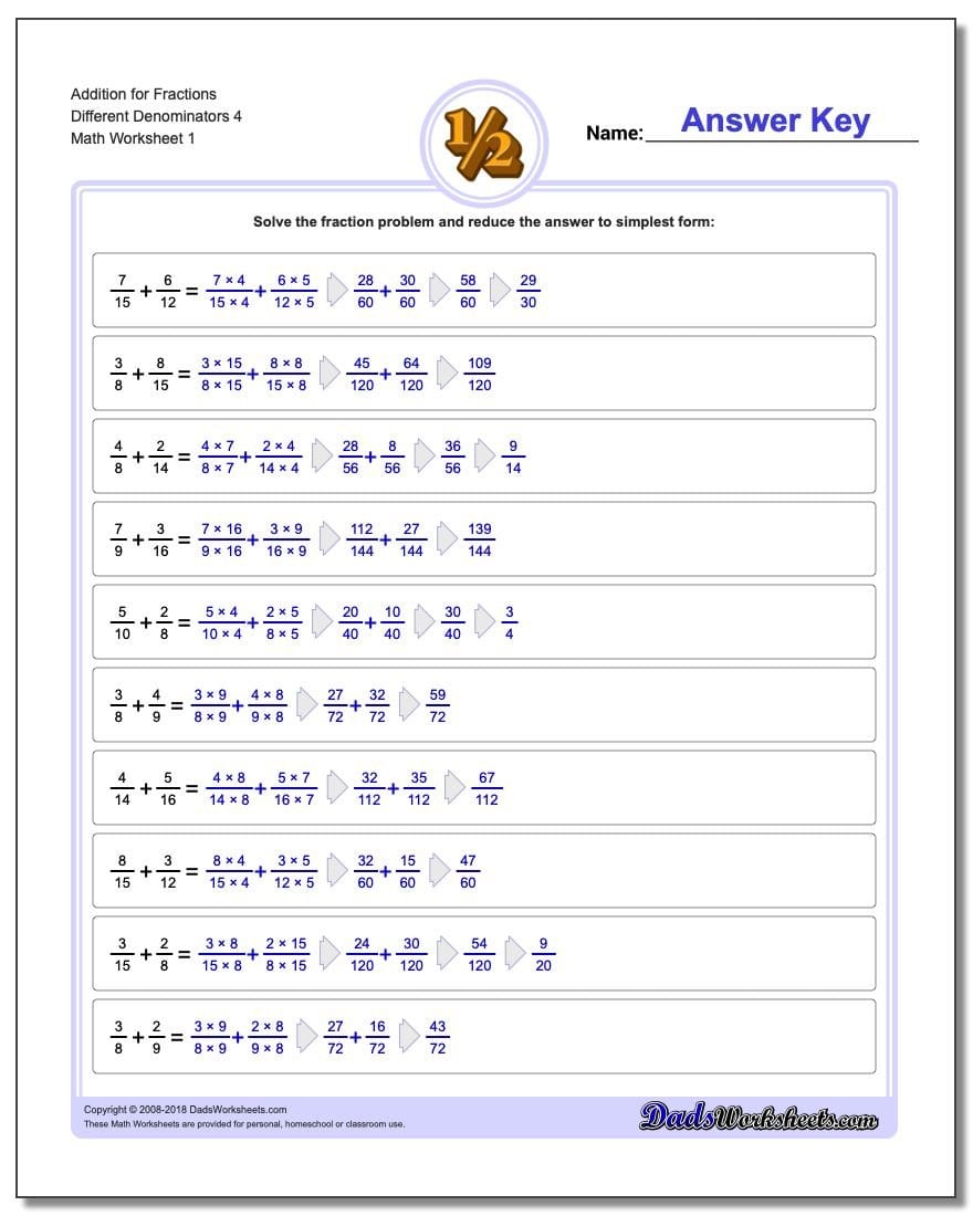 Adding Fractions With Unlike Denominators Together With Math Worksheets For Grade 4 With Answers