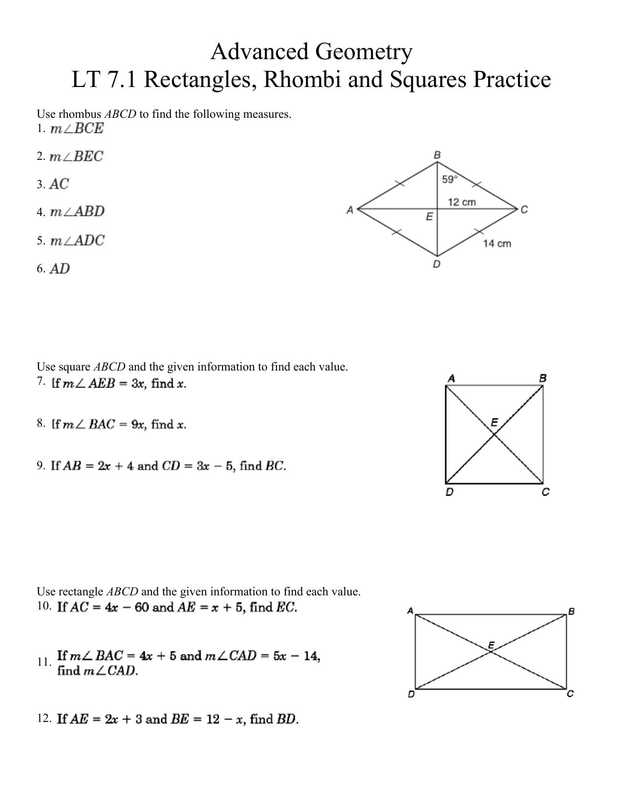 Advanced Geometry Lt 71 Rectangles Rhombi And Squares Practice As Well As Rhombi And Squares Worksheet Answers
