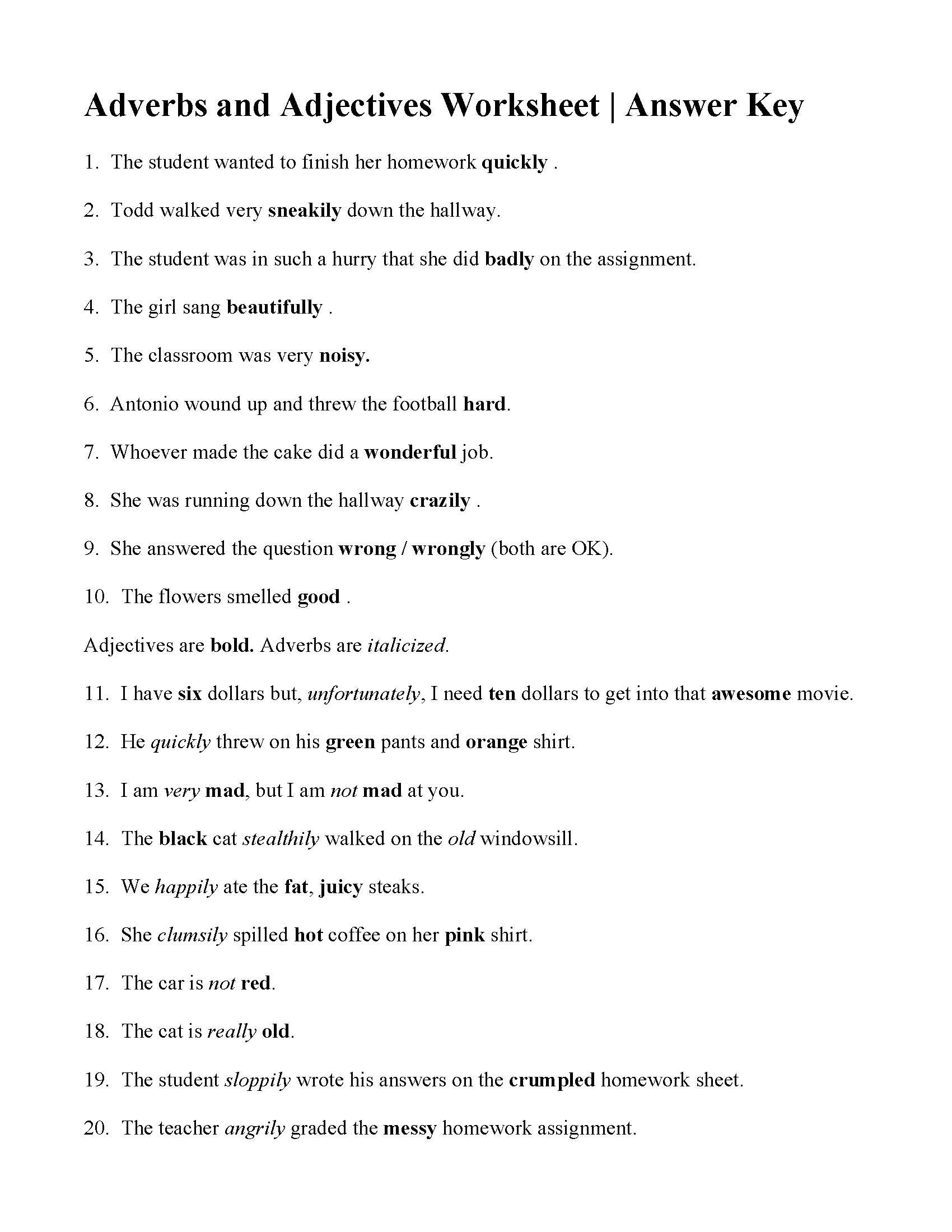 Adverbs And Adjectives Worksheet  Answers For Adjective And Adverb Worksheets With Answer Key