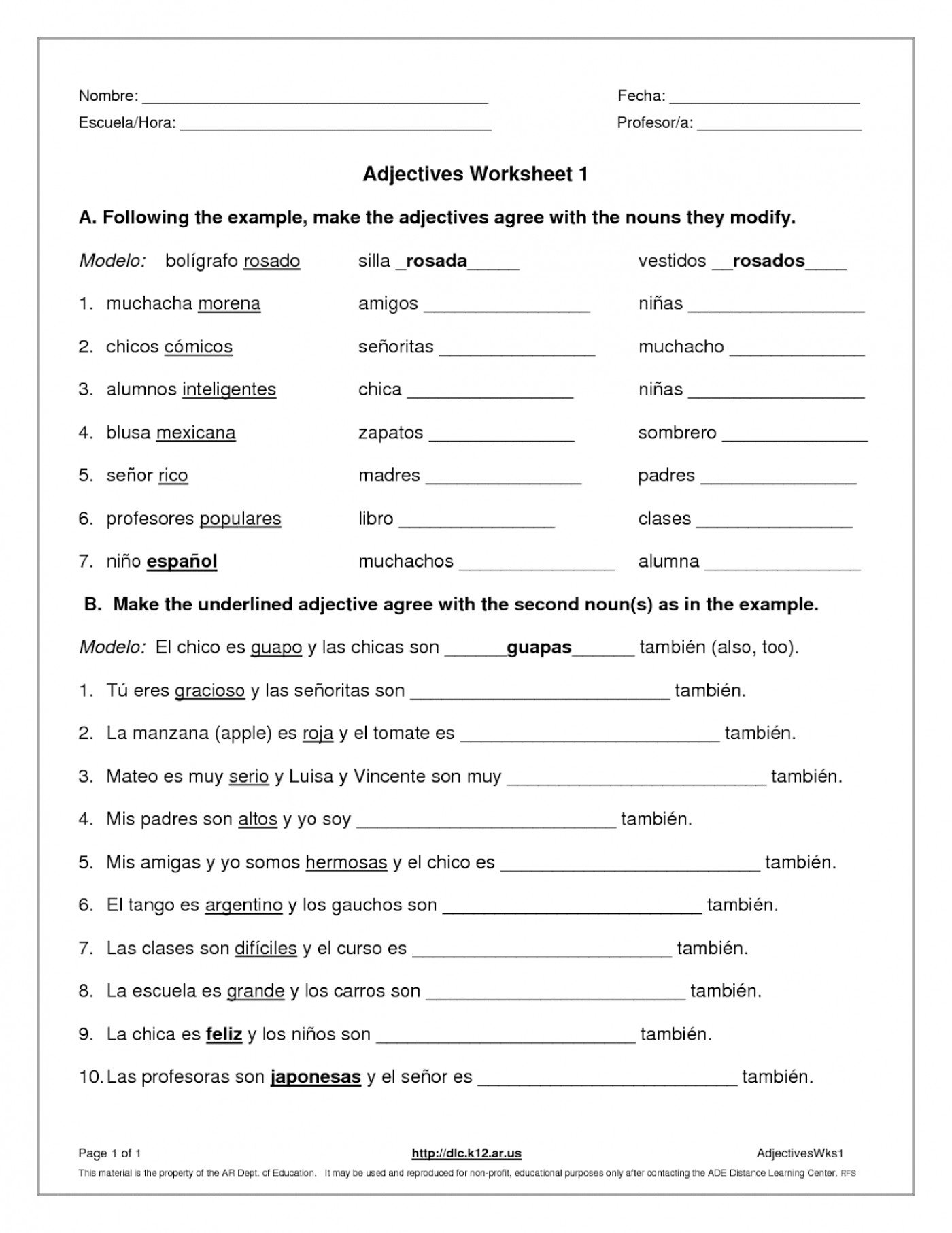 Agreement Of Adjectives Agreement Of Adjectives Spanish Worksheet Inside Agreement Of Adjectives Spanish Worksheet Answers Hayes School