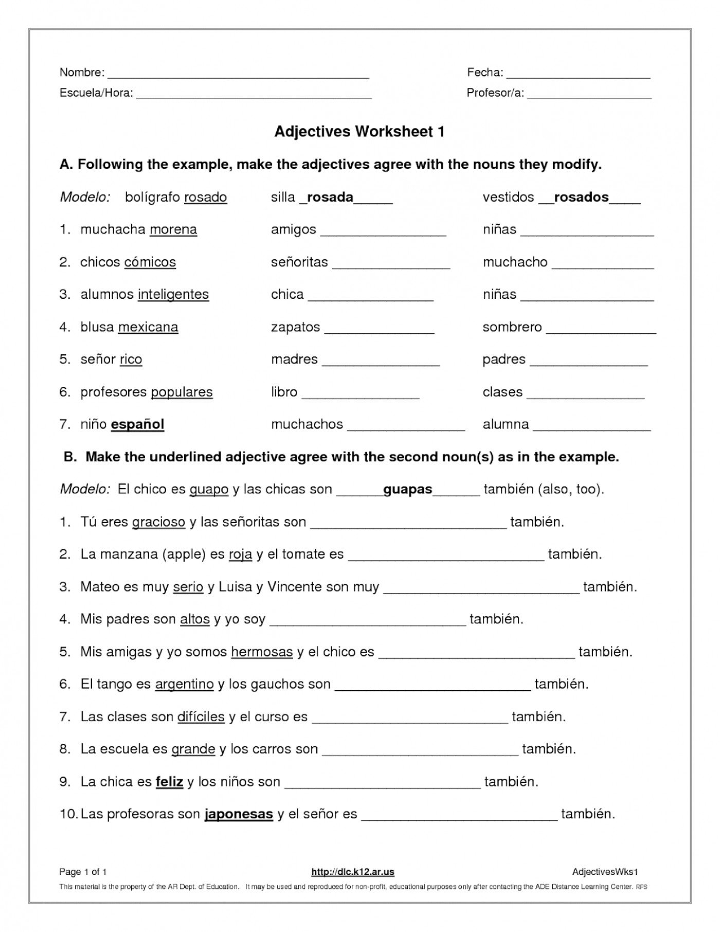 Agreement Of Adjectives Agreement Of Adjectives Spanish Worksheet 