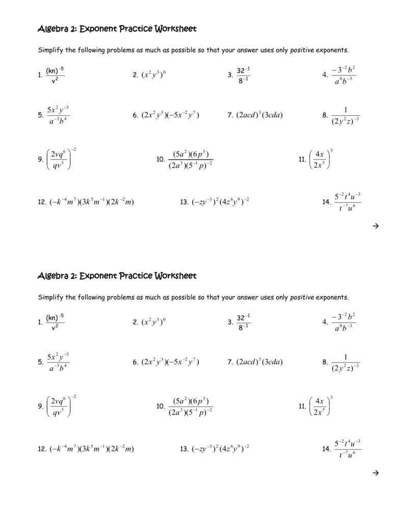 Algebra 2 Exponent Practice Worksheet Intended For Algebra 2 Worksheet Answers