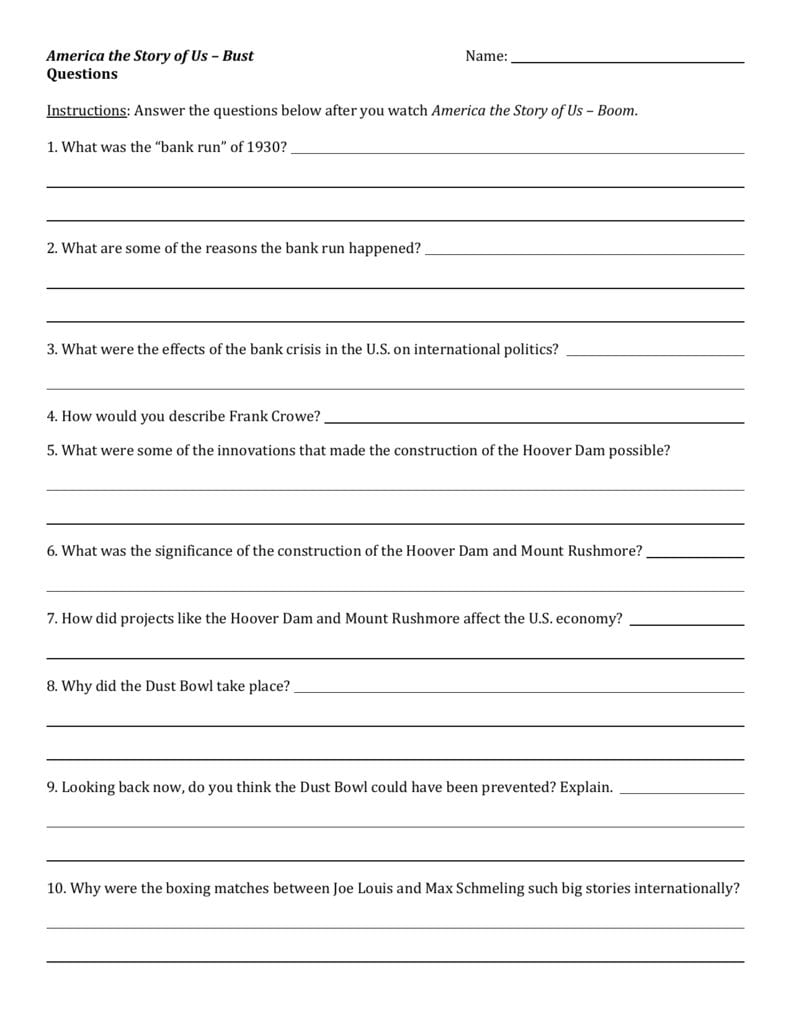 America The Story Of Us  Bust Viewing Guide For America The Story Of Us Boom Worksheet
