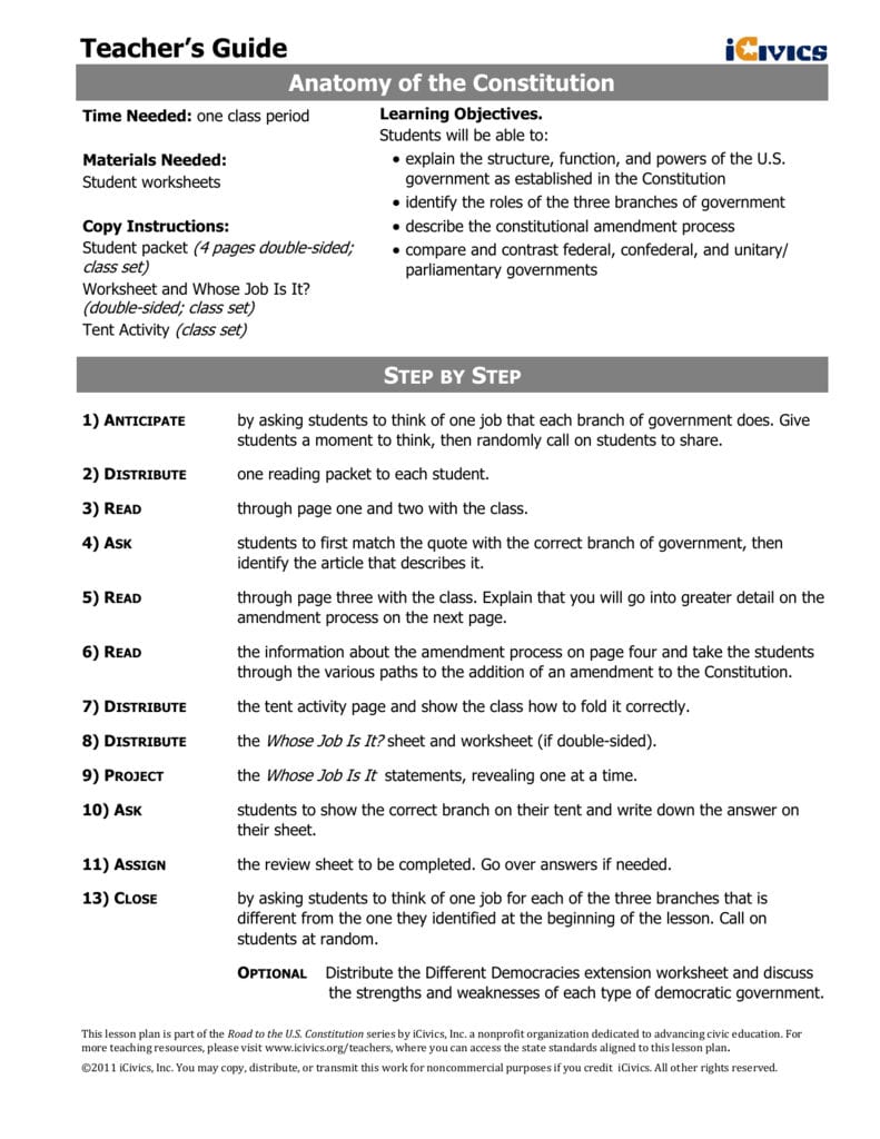 Anatomy Of The Constitution Within The Federal In Federalism Worksheet Answer Key Icivics