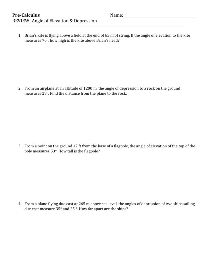 Angle Of Elevation  Depression Trig Worksheet 4 Intended For Angle Of Elevation And Depression Trig Worksheet Answers