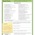 Annabel Lee Lost Love Along With Annabel Lee Worksheet Pdf