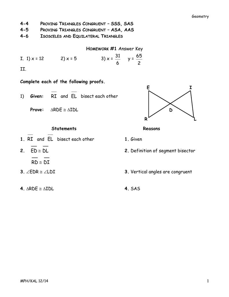 Answer Key For Geometry Worksheet Congruent Triangles Sss And Sas Answers