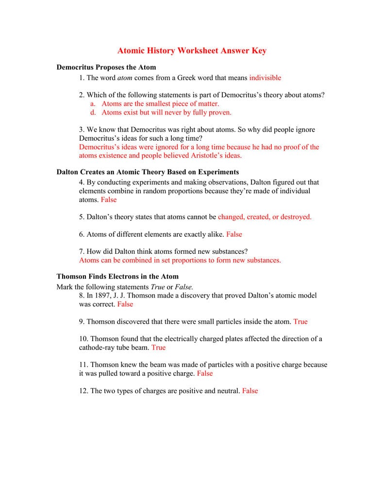 Answer Key Of Worksheet History Of An Atom With Atomic Theory Worksheet Answers