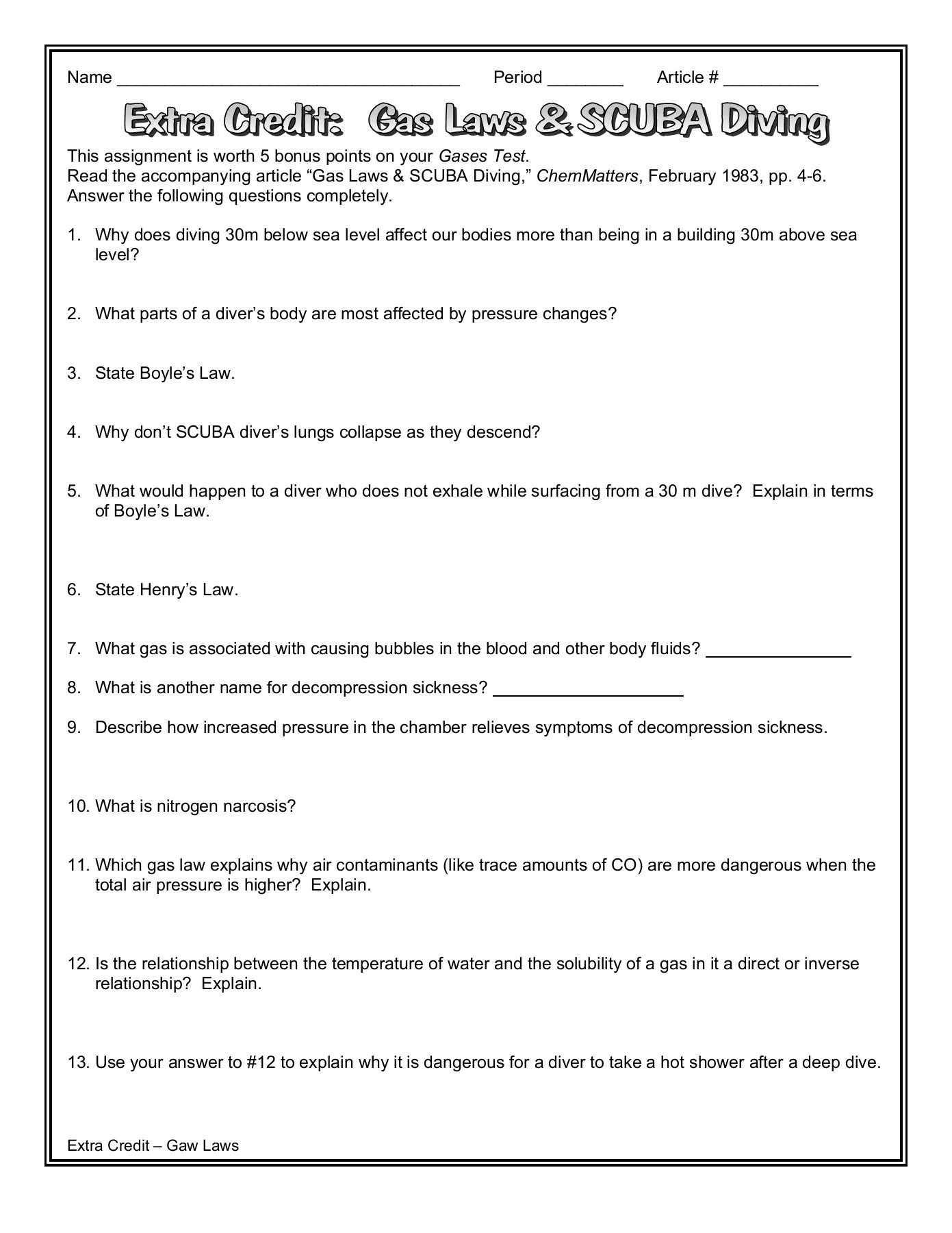Article  Gas Laws  Scuba Diving  X10Hosting  New Account Pages 1 And Gas Laws And Scuba Diving Worksheet Answer Key