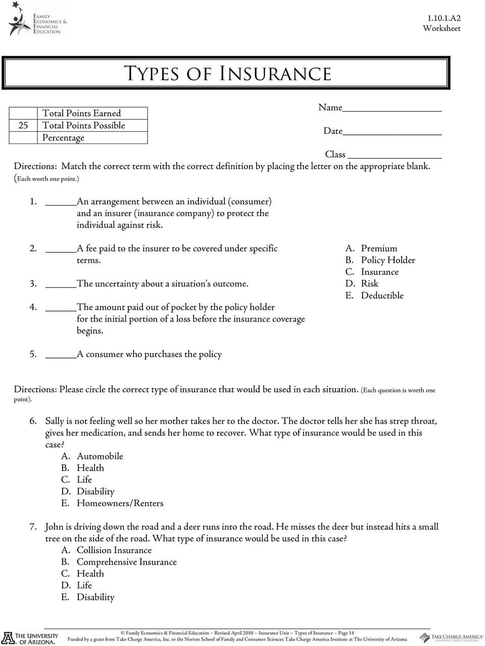 Automobile Insurance Automobile Insurance Answer Key Along With Types Of Insurance Worksheet 2 6 5 A4 Answers