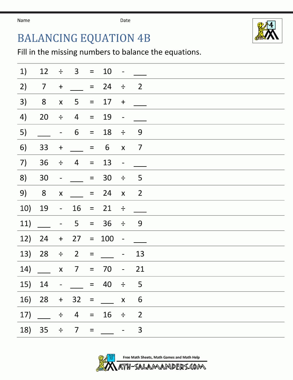 Balancing Math Equations And Finding The Missing Number In An Equation Worksheets