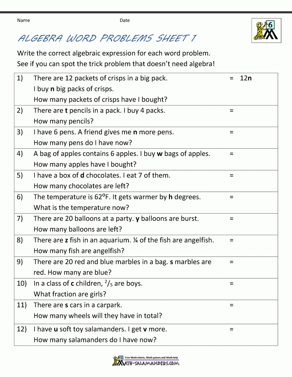 Basic Algebra Worksheets Also Writing Equations From Word Problems Worksheet