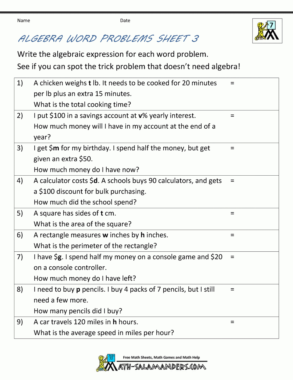 Basic Algebra Worksheets Intended For Writing Equations From Word Problems Worksheet