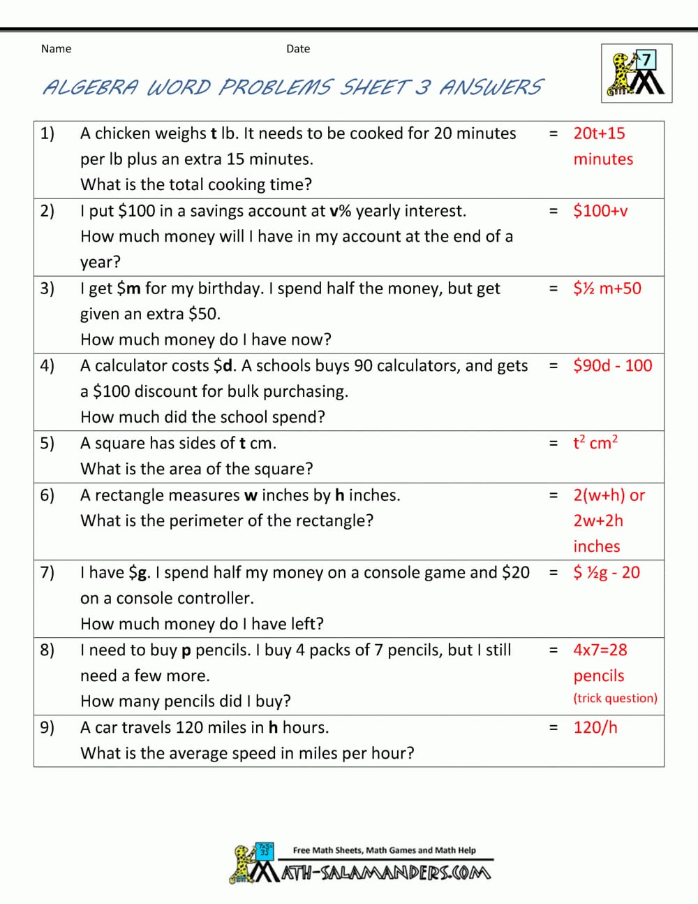 Basic Algebra Worksheets Regarding Solving Problems Algebraically Worksheet Answers