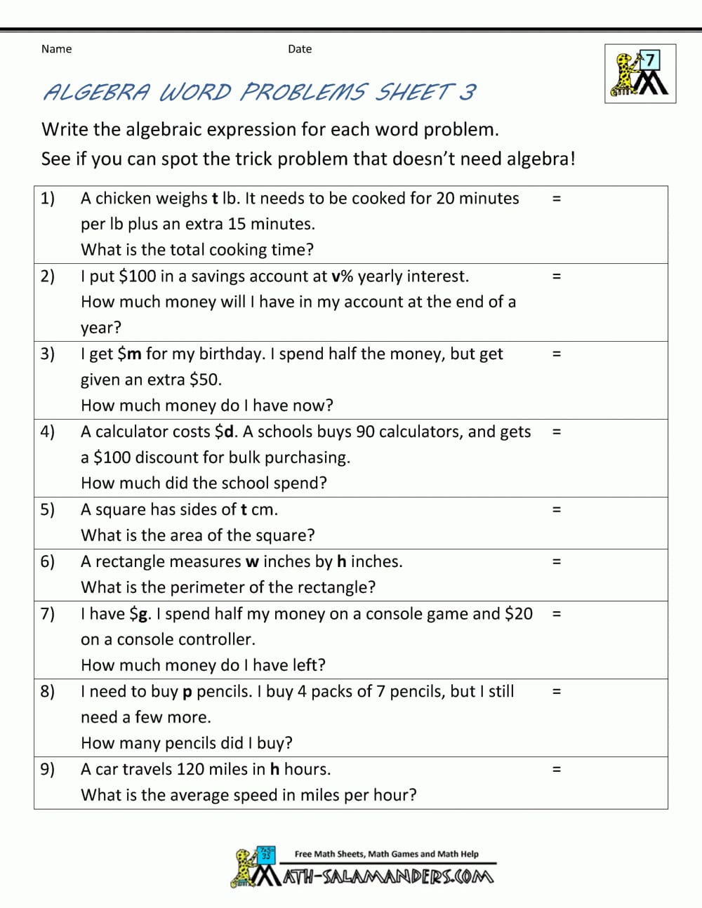 Basic Algebra Worksheets With Regard To Writing Algebraic Expressions Worksheet Pdf