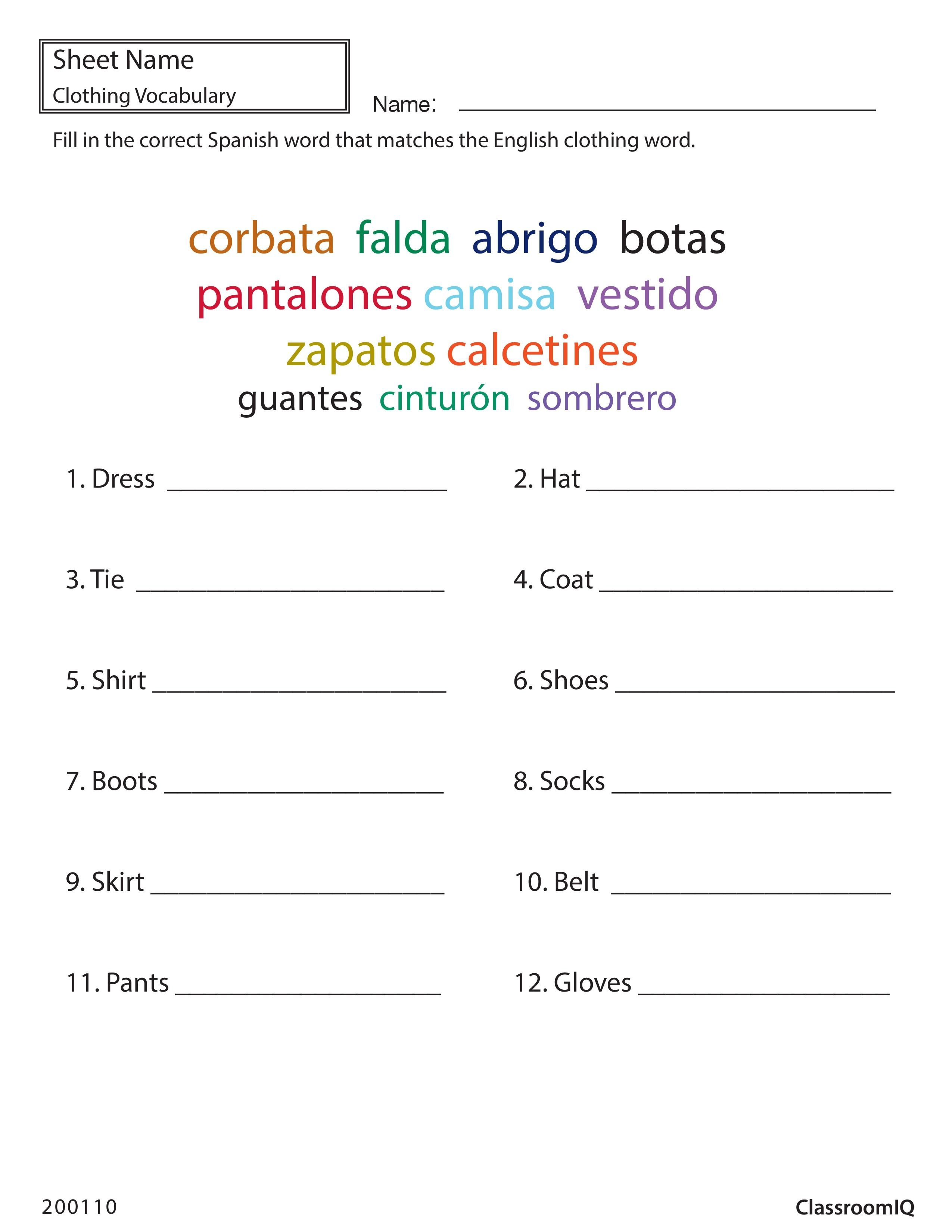 Best Ideas Of Spanish Clothing Words Spanishworksheets Classroomiq And Spanish Greetings Worksheet