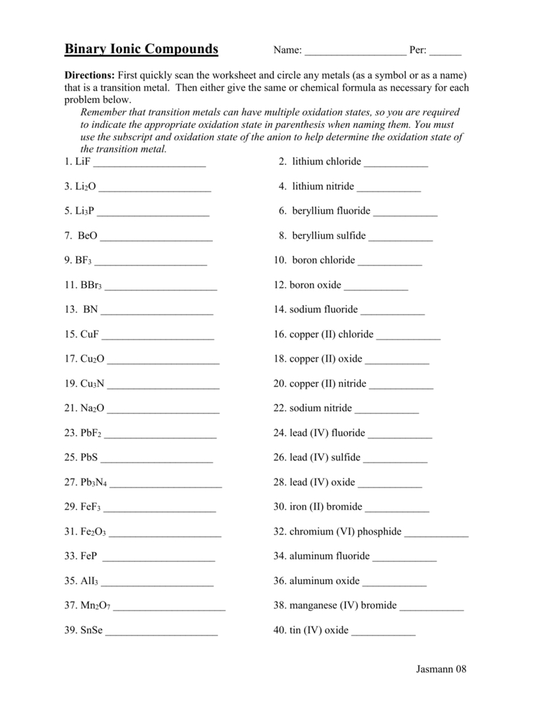 Binary Ionic Compounds Ws And Key Inside Naming Chemical Compounds Worksheet Pdf