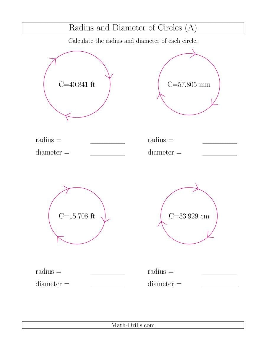 Calculate Radius And Diameter Of Circles From Circumference A With Circles Worksheet Answers