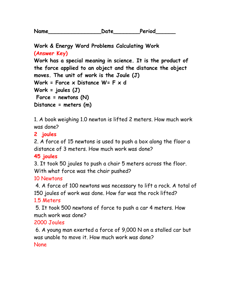 Calculating Work Worksheetanswer Key For Work Power And Energy Worksheet Answer Key