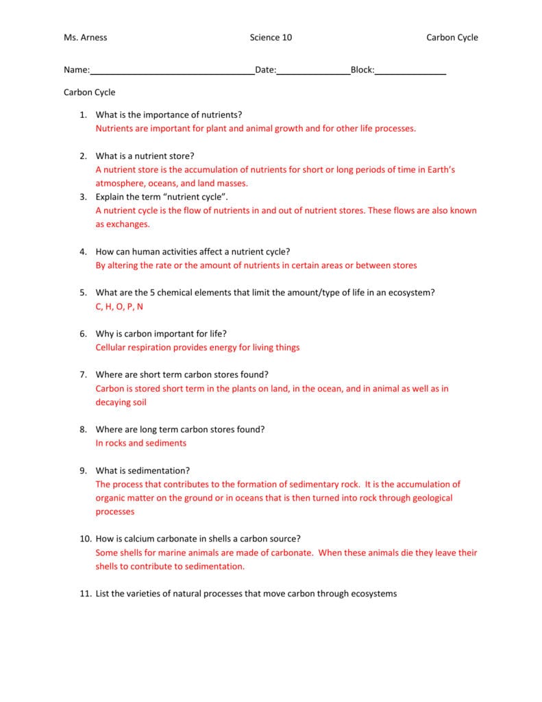 Carbon Cycle Answers With Regard To Role Of Photosynthesis In Carbon Cycling Worksheet