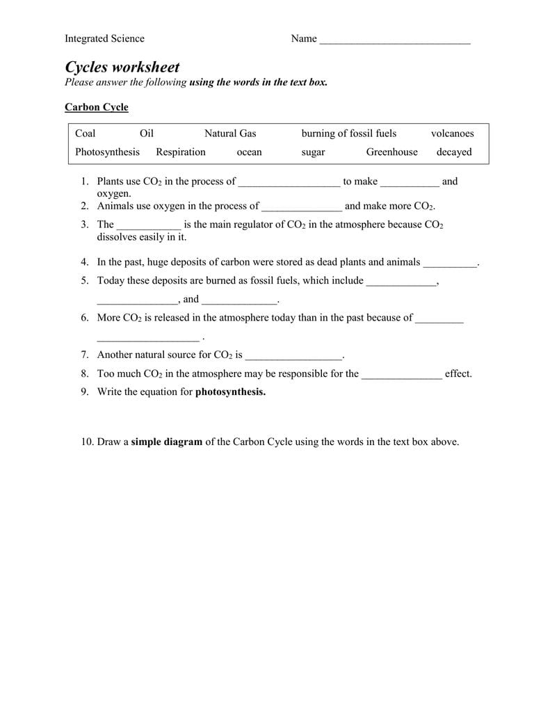 Carbon Cycle With Regard To Role Of Photosynthesis In Carbon Cycling Worksheet
