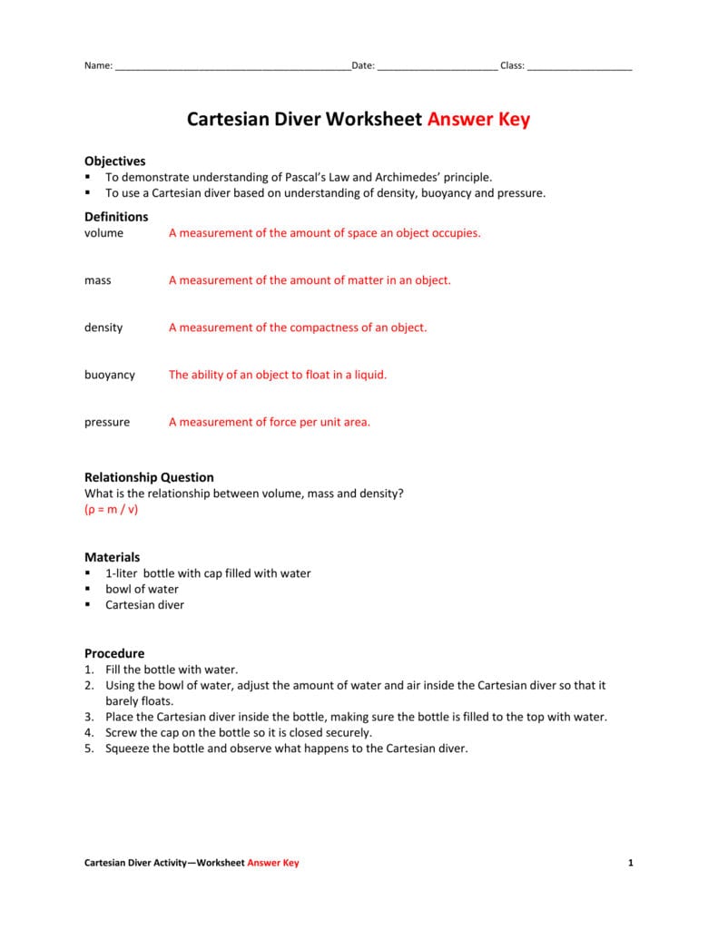 Cartesian Diver Worksheet Answer Key In Gas Laws And Scuba Diving Worksheet Answers
