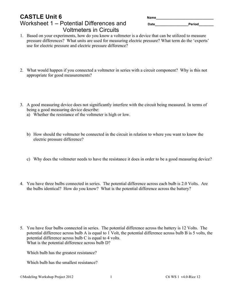 Castle Unit 6 Worksheet 1 – Potential Differences And Voltmeters With Regard To Measuring Terms Worksheet