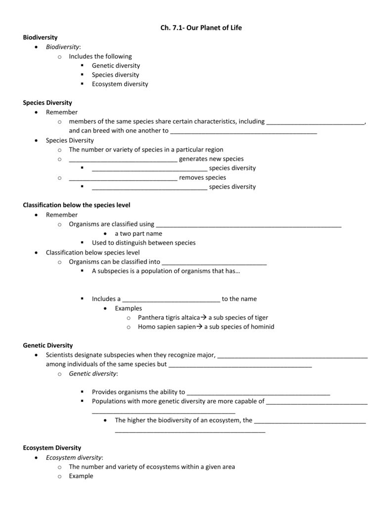 Ch 71 Our Planet Of Life Biodiversity Biodiversity Includes The Or 7 1 Our Planet Of Life Worksheet Answer Key