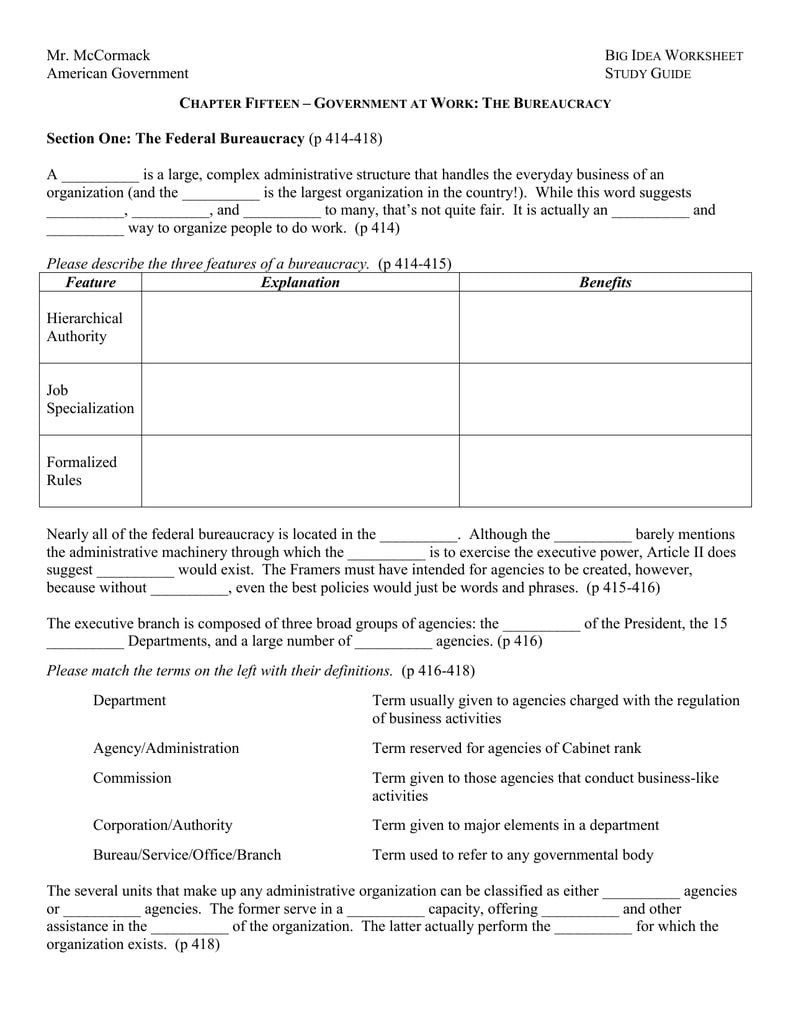 Chapter 15 Worksheets Students Notes Within Chapter 15 Section 1 The Federal Bureaucracy Worksheet Answers