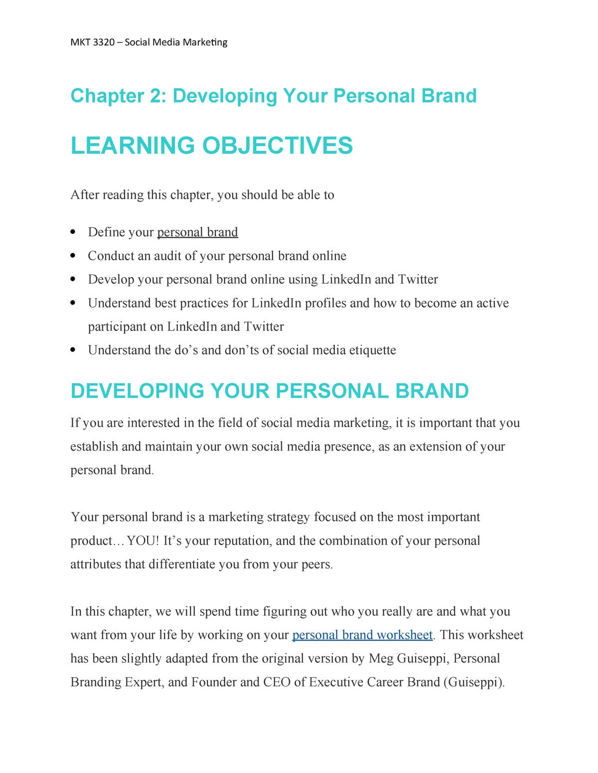 Chapter 2  Developing Your Personal Brand  Mkt 3320  Social Media For Personal Brand Worksheet