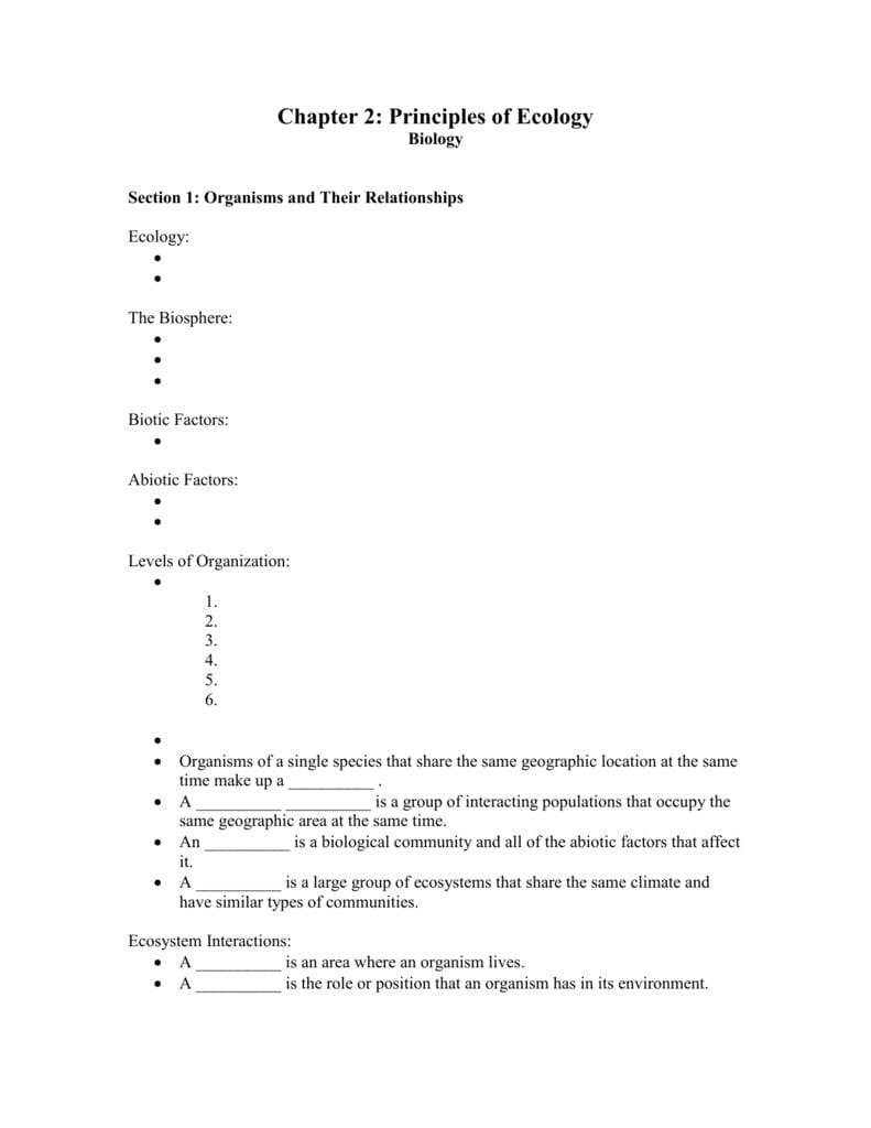 Chapter 2 Principles Of Ecology In Chapter 2 Principles Of Ecology Worksheet Answers