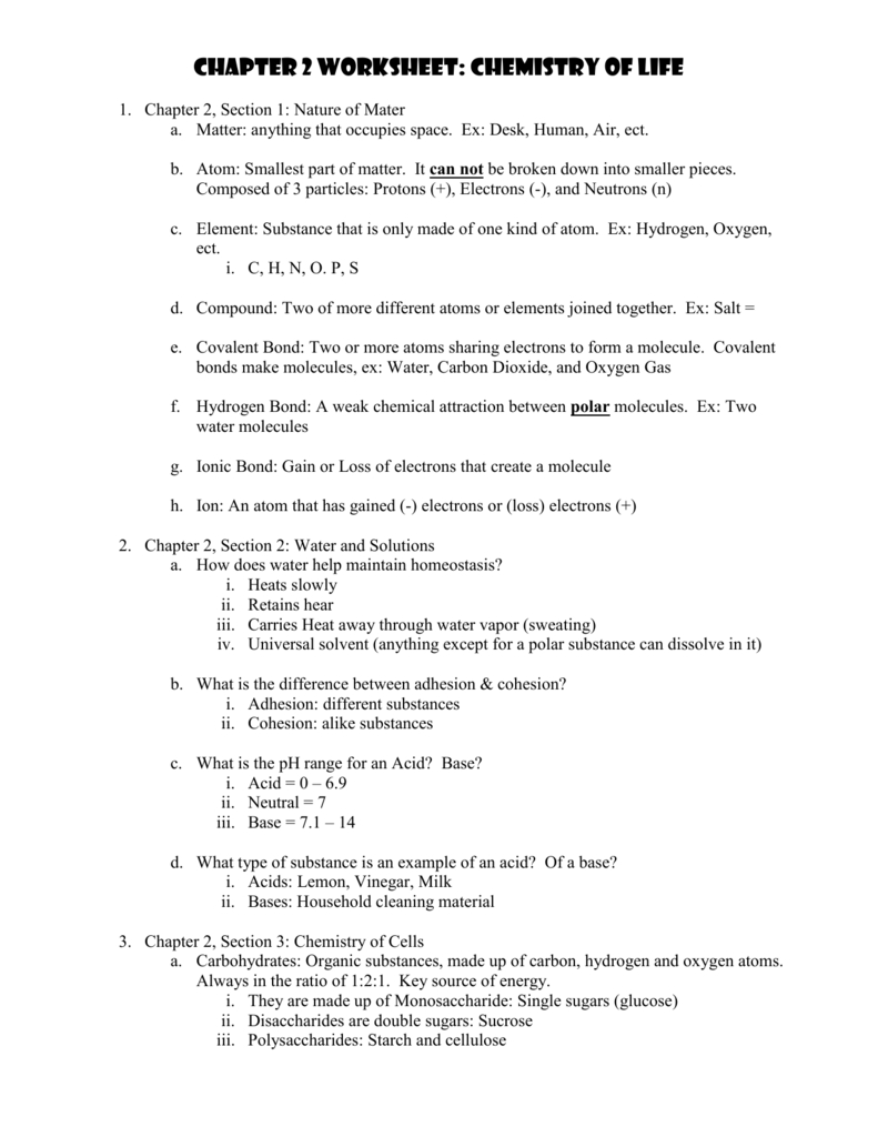Chapter 2 Worksheet Chemistry Of Life Regarding Chemistry Of Life Worksheet Answers