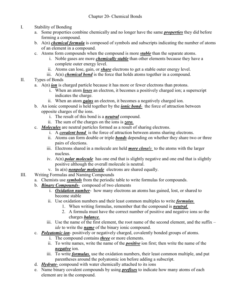 Chapter 20 Chemical Bonds Together With Section 1 Stability In Bonding Worksheet Answers