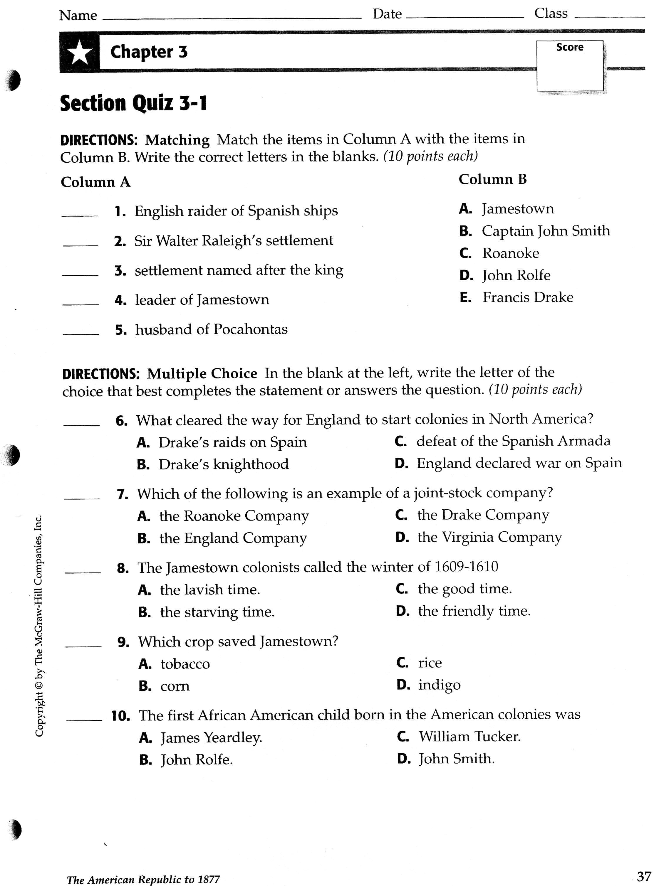 Chapter 3  Mrs Kinsey's 7Th Grade Ss Website As Well As Early Jamestown Colony Worksheet Answer Key