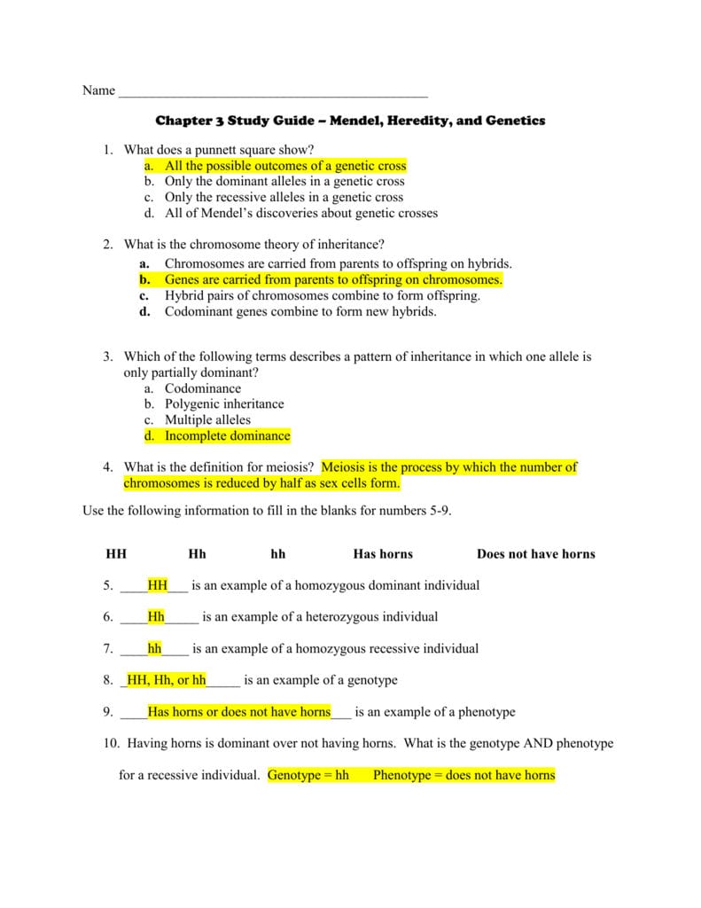 Chapter 3 Study Guide Answer Key Or Genetics The Science Of Heredity The Test Cross Worksheet Answers
