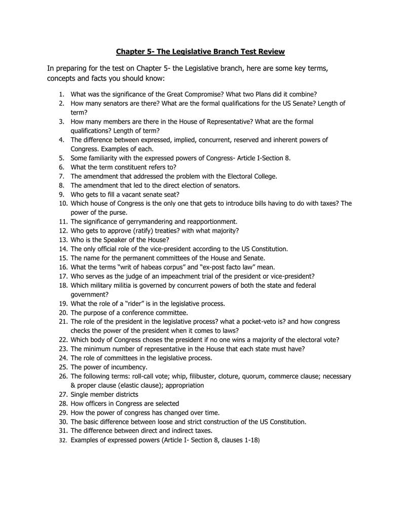 Chapter 5 The Legislative Branch Test Review In Preparing For The Inside Legislative Branch Worksheet