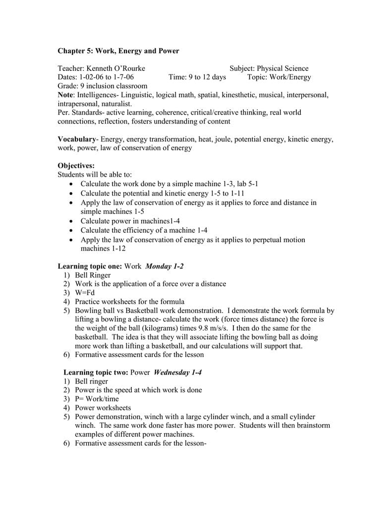 Chapter 5 Work Energy And Power Along With Work Power Energy Worksheet
