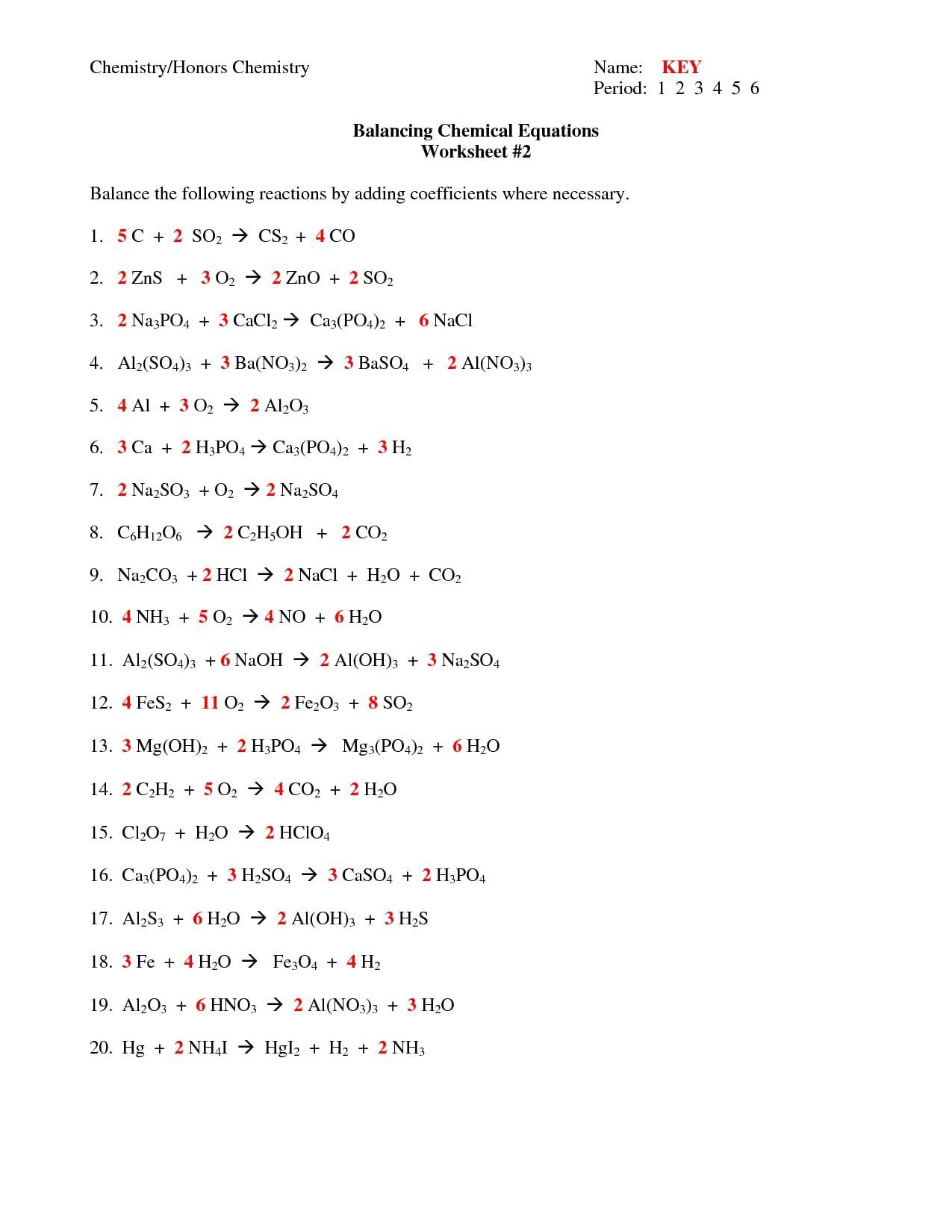 Chapter 7 Worksheet 1 Balancing Chemical Equations Algebra 1 Together With Chapter 7 Worksheet 1 Balancing Chemical Equations Answers