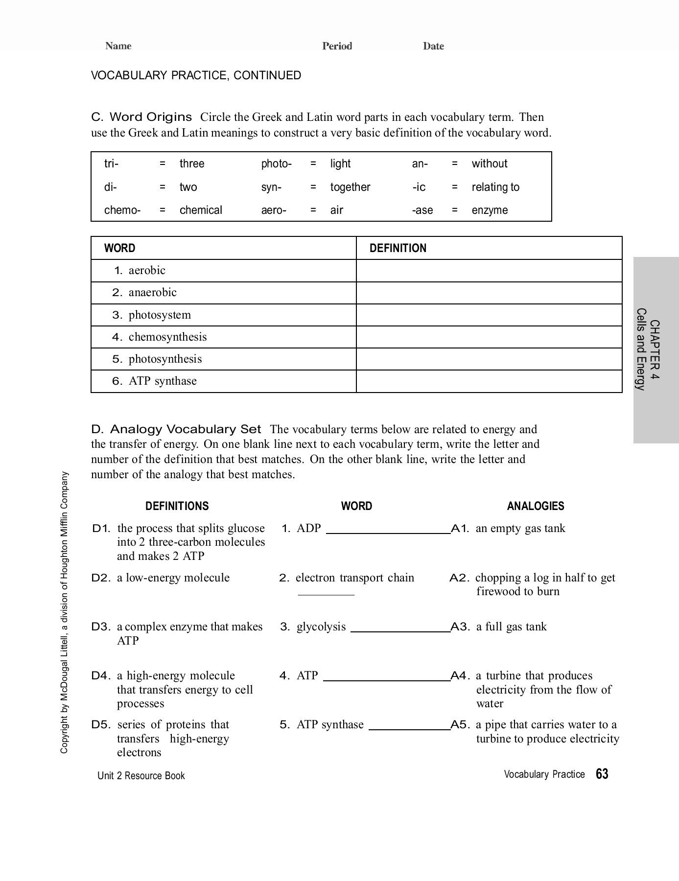 Chapter Cells And Energy 4 Vocabulary Practice Pages 1  3  Text Pertaining To Chapter 4 Cells And Energy Vocabulary Practice Worksheet Answer Key