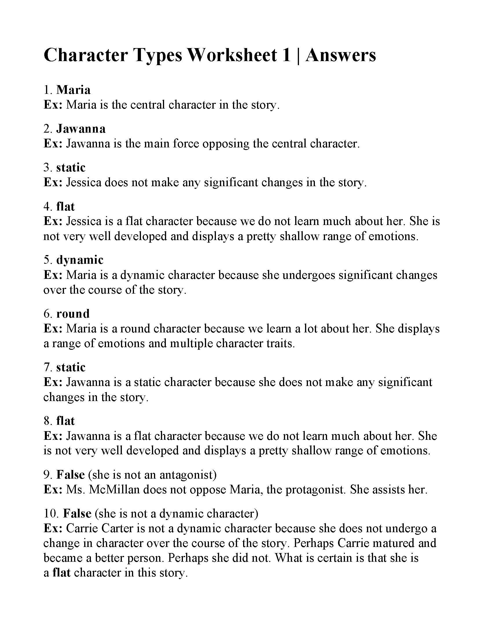 Character Types Worksheet 1  Answers And Forces Worksheet 1 Answer Key